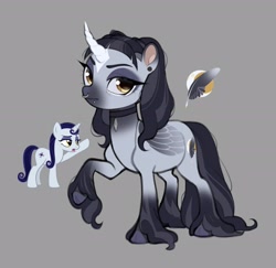 Size: 2048x1987 | Tagged: safe, artist:xcolorblisssketchx, moonlight raven, pony, unicorn, g4, alternate hairstyle, choker, curved horn, ear piercing, earring, emo, eyeshadow, female, goth, gray background, horn, jewelry, makeup, mare, markings, piercing, redesign, simple background, solo, tattoo, unshorn fetlocks