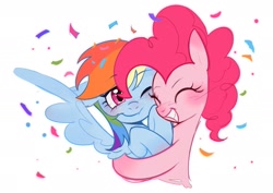 Size: 1899x1345 | Tagged: safe, artist:78939859, pinkie pie, rainbow dash, earth pony, pegasus, pony, g4, blushing, bust, confetti, eyes closed, female, grin, hug, mare, one eye closed, portrait, simple background, smiling, spread wings, white background, wings