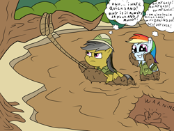 Size: 2400x1800 | Tagged: safe, artist:amateur-draw, daring do, rainbow dash, pegasus, g4, annoyed, big eyes, clothes, duo, duo female, explorer outfit, fangirl, female, forest, grin, hat, jungle, mare, mud, muddy, nature, puppy dog eyes, quicksand, rope, sign, sinking, smiling, tree, tree branch, unamused