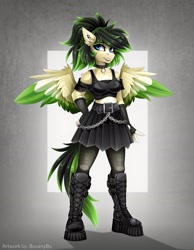 Size: 1673x2160 | Tagged: safe, artist:buvanybu, oc, oc only, oc:core carnitine, anthro, boots, commission, goth, shoes, spread wings, wings