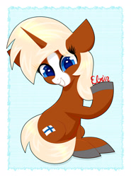 Size: 2000x2700 | Tagged: safe, artist:scandianon, oc, oc only, oc:finnmare, pony, unicorn, ebin, female, flag, floppy ears, horn, looking at you, mare, nation ponies, ponified, sitting, smiling, smiling at you, solo