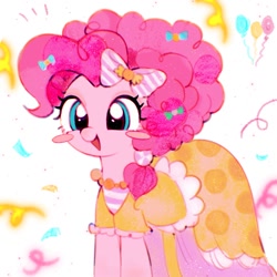 Size: 1080x1080 | Tagged: safe, artist:azhiichigo, pinkie pie, earth pony, pony, g4, blush sticker, blushing, bow, clothes, confetti, cute, diapinkes, dress, female, hair bow, happy, mare, open mouth, simple background, smiling, solo, white background