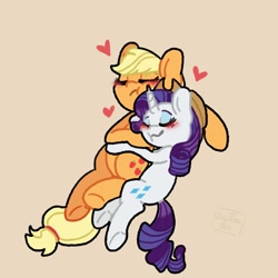 Size: 1080x1080 | Tagged: safe, artist:criaturatrix, applejack, rarity, earth pony, pony, unicorn, g4, accessory swap, applejack's hat, blushing, cowboy hat, cuddling, duo, duo female, eyes closed, female, hat, heart, horn, lesbian, ship:rarijack, shipping, sleeping, smiling