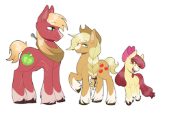 Size: 1280x852 | Tagged: safe, artist:aphrogaia, apple bloom, applejack, big macintosh, earth pony, pony, g4, apple siblings, apple sisters, braid, brother and sister, female, filly, foal, male, mare, one eye closed, open mouth, raised hoof, siblings, simple background, sisters, smiling, stallion, transparent background, trio, unshorn fetlocks, wink