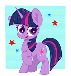 Size: 2585x2793 | Tagged: safe, artist:scandianon, twilight sparkle, pony, unicorn, g4, cute, female, floppy ears, happy, horn, looking at you, mare, one ear down, open mouth, open smile, raised hoof, smiling, solo, stars, twiabetes, unicorn twilight