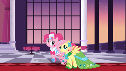 Size: 1600x898 | Tagged: artist needed, safe, anonymous artist, artist:angellight-vectors, artist:cloudy glow, fluttershy, pinkie pie, earth pony, pegasus, pony, g4, ballroom, blushing, carpet, checkered floor, clothes, cute, daaaaaaaaaaaw, date, dialogue in the description, diapinkes, dress, duo, duo female, female, flutterbeautiful, gala dress, grand galloping gala, lesbian, mare, red carpet, ship:flutterpie, shipping, shyabetes, spread wings, sweet dreams fuel, the sweethearts, wholesome, wings