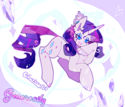 Size: 2048x1743 | Tagged: safe, artist:emoboy130, rarity, pony, unicorn, g4, :3, abstract background, alternate accessories, blue eyes, blue eyeshadow, bow, bracelet, colored hooves, colored pinnae, crown, curly mane, curly tail, cutie mark accessory, cutie mark earrings, ear fluff, ear piercing, earring, eyeshadow, female, floating heart, gray hooves, hair accessory, hair bow, head on hoof, heart, hooves, horn, jewelry, leaning forward, lidded eyes, long eyelashes, makeup, mane accessory, mare, open mouth, open smile, outline, pearl bracelet, piercing, pink bow, purple mane, purple tail, regalia, ringlets, shiny hooves, shiny mane, shiny tail, shrunken pupils, smiling, solo, sparkles, sparkly tail, tail, tail accessory, tail bow, tiara, watermark, white coat