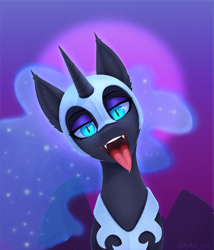 Size: 2165x2527 | Tagged: safe, artist:kviksi, nightmare moon, pony, g4, drool, drool string, fangs, female, gradient background, helmet, looking at you, mawshot, open mouth, peytral, slit pupils, solo, throat, tongue out, uvula