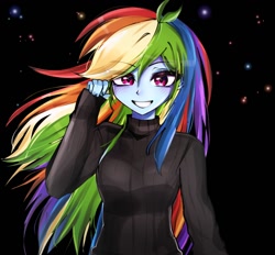 Size: 1380x1280 | Tagged: safe, artist:pulse, rainbow dash, human, equestria girls, g4, clothes, cute, dashabetes, eye clipping through hair, eyebrows, eyebrows visible through hair, female, grin, looking at you, smiling, solo, starry background, sweater, turtleneck, turtleneck sweater