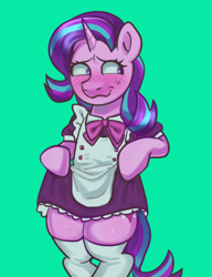 Size: 2300x3000 | Tagged: safe, artist:zigmeow, starlight glimmer, pony, unicorn, g4, blushing, clothes, female, green background, horn, maid, simple background, solo, stockings, thigh highs, tights