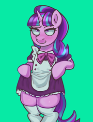 Size: 2300x3000 | Tagged: safe, artist:zigmeow, starlight glimmer, pony, unicorn, g4, blushing, clothes, female, green background, horn, maid, simple background, solo, stockings, thigh highs, tights
