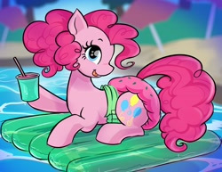Size: 2048x1584 | Tagged: safe, artist:onc3l3rphobix, pinkie pie, earth pony, pony, g4, blushing, cup, diaper, diaper fetish, female, fetish, floaty, lying down, mare, non-baby in diaper, pool toy, prone, raised hoof, solo, swimming pool, tongue out