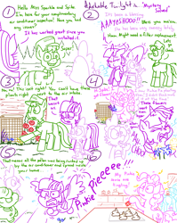 Size: 4779x6013 | Tagged: safe, artist:adorkabletwilightandfriends, cup cake, pinkie pie, spike, twilight sparkle, oc, oc:blake, alicorn, dragon, earth pony, pony, comic:adorkable twilight and friends, g4, adorkable, adorkable twilight, aerial view, allergies, angry, baking, butt, cooking, cute, dork, flower, food, garden, gardening, hat, high angle, kitchen, nostril flare, nostrils, perspective, pinkie sense, plot, pollen, red nose, red nosed, sneezing, sprinkles, thinking, thought bubble, thoughts, twilight sparkle (alicorn), wingless spike, wings, yelling