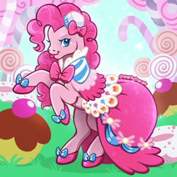 Size: 2400x2400 | Tagged: safe, artist:sparkytopia, pinkie pie, earth pony, pony, g4, my little pony: friendship is magic, suited for success, :p, bow, candy, candy cane, clothes, digital art, dress, food, gala dress, hat, lollipop, looking at you, raised hoof, shoes, signature, solo, tongue out