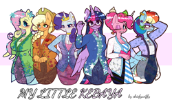 Size: 2378x1405 | Tagged: safe, artist:chiefywiffy, applejack, fluttershy, pinkie pie, rainbow dash, rarity, twilight sparkle, alicorn, earth pony, pegasus, pony, unicorn, anthro, g4, blue eyeshadow, blue nail polish, blushing, breasts, busty applejack, busty fluttershy, busty mane six, busty pinkie pie, busty rainbow dash, busty rarity, busty twilight sparkle, candy, candy in hair, choker, chokertwi, cleavage, clothes, collarbone, cupcake, cutie mark accessory, cutie mark necklace, dress, ear piercing, earring, eyeshadow, female, food, glasses, group, horn, jewelry, kebaya, lidded eyes, makeup, mane six, mare, nail polish, necklace, piercing, pink nail polish, purple eyeshadow, rainbow nail polish, ring, sextet, simple background, sparkly eyeshadow, tiara, twilight sparkle (alicorn), white background