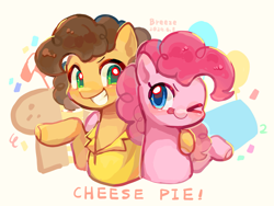 Size: 2477x1858 | Tagged: safe, artist:breeze, cheese sandwich, pinkie pie, earth pony, pony, g4, clothes, duo, duo male and female, female, grin, male, mare, one eye closed, ship:cheesepie, shipping, shirt, simple background, smiling, stallion, straight, text, white background, wink