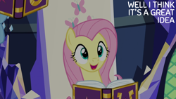 Size: 2000x1125 | Tagged: safe, edit, edited screencap, editor:quoterific, screencap, fluttershy, rainbow dash, pegasus, pony, fame and misfortune, g4, season 7, book, duo, duo female, female, mare, twilight's castle