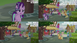 Size: 2000x1125 | Tagged: safe, edit, edited screencap, editor:quoterific, screencap, applejack, fluttershy, pinkie pie, rainbow dash, rarity, starlight glimmer, every little thing she does, g4, cafe, hat, sunglasses, table, tree