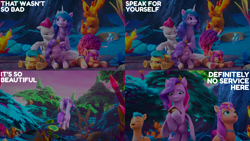 Size: 2000x1125 | Tagged: safe, edit, edited screencap, editor:quoterific, screencap, hitch trailblazer, izzy moonbow, misty brightdawn, pipp petals, sunny starscout, zipp storm, earth pony, pegasus, pony, unicorn, family trees, g5, my little pony: make your mark, my little pony: make your mark chapter 5, caption, cellphone, diadem, female, flying, horn, jewelry, looking at phone, mane five, mane six (g5), mane stripe sunny, mare, phone, rebirth misty, regalia, royal sisters (g5), royalty, siblings, sisters, smartphone, talking, text, the isle of scaly (location)