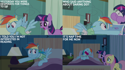 Size: 2000x1125 | Tagged: safe, edit, edited screencap, editor:quoterific, screencap, fluttershy, rainbow dash, twilight sparkle, pegasus, pony, unicorn, g4, read it and weep, season 2, bandage, bed, clothes, desk lamp, female, floppy ears, hospital, hospital bed, hospital gown, lying down, mare, on back, open mouth, trio, trio female, unicorn twilight, volumetric mouth