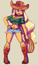 Size: 1791x3002 | Tagged: safe, artist:shadowhawx, applejack, human, equestria girls, g4, beige background, belly, belly button, blushing, boots, breasts, busty applejack, cleavage, clothes, cowboy boots, daisy dukes, female, freckles, front knot midriff, high res, midriff, open mouth, open smile, rope, shoes, shorts, shoulder freckles, simple background, smiling, solo, wide hips