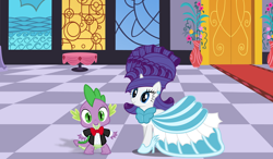 Size: 934x544 | Tagged: safe, artist:atomicmillennial, artist:cloudy glow, artist:darkfire036, rarity, spike, dragon, pony, unicorn, g4, age difference, alternate hairstyle, bowtie, carpet, checkered floor, clothes, cute, date, dialogue in the description, dress, duo, duo male and female, female, grand galloping gala, grin, high heels, horn, looking at each other, looking at someone, male, mare, raribetes, red carpet, ship:sparity, shipping, shoes, smiling, smiling at each other, spikabetes, straight, suit, wingless spike