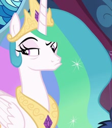 Size: 950x1080 | Tagged: safe, screencap, princess celestia, alicorn, pony, g4, my little pony: friendship is magic, season 9, sparkle's seven, cropped, eyebrows, female, mare, raised eyebrow, solo