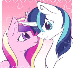 Size: 1500x1400 | Tagged: safe, artist:maravor, princess cadance, shining armor, alicorn, pony, unicorn, g4, boop, crossed horns, cute, cutedance, duo, female, gradient background, heart, horn, horns are touching, looking at each other, looking at someone, looking into each others eyes, male, mare, noseboop, pink background, shining adorable, ship:shiningcadance, shipping, smiling, smiling at each other, snuggling, stallion, straight