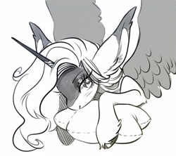 Size: 3351x2973 | Tagged: safe, artist:opalacorn, oc, oc only, alicorn, pony, big ears, commission, female, grayscale, mare, monochrome, pillow, simple background, solo, spread wings, white background, wings