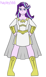 Size: 1823x3036 | Tagged: safe, artist:hayley566, starlight glimmer, human, equestria girls, g4, alternate hairstyle, belt, boots, cape, clothes, commission, cosplay, costume, crossover, dress, female, hairband, hand on hip, namesake, pun, shoes, simple background, skirt, smiling, smirk, solo, starlight (the boys), the boys, transparent background, visual pun