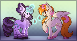 Size: 3000x1600 | Tagged: safe, artist:starcasteclipse, oc, oc only, oc:rosyscribbles, oc:vanilla shine, pegasus, unicorn, duo, female, food, horn, mare, watermelon