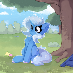 Size: 2000x2000 | Tagged: safe, artist:jubyskylines, trixie, pony, unicorn, g4, chest fluff, ear fluff, female, hoof polish, horn, mare, outdoors, sitting, solo, tree