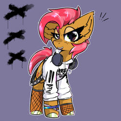 Size: 2000x2000 | Tagged: safe, artist:jubyskylines, babs seed, earth pony, pony, g4, clothes, exclamation point, fishnet clothing, fishnet stockings, headphones, hoodie, open mouth, open smile, sharp teeth, smiling, solo, spiked belt, stockings, teeth, thigh highs