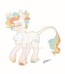 Size: 750x850 | Tagged: safe, artist:sion, oc, oc only, oc:moonpi, pony, unicorn, colored hooves, cute, deviantart watermark, ear piercing, earring, eyes closed, glasses, hooves, horn, jewelry, leonine tail, male, multicolored hooves, obtrusive watermark, pastel, piercing, raised hoof, signature, simple background, solo, stallion, tail, watermark, white background