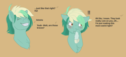 Size: 2432x1108 | Tagged: safe, artist:nightcorelights, oc, oc only, oc:grave mistakes, pegasus, blushing, braces, brown background, covering mouth, dialogue, digital art, embarrassed, exclamation point, fanart, female, hooves, quick draw, simple background, smiling, solo, teeth