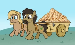 Size: 1259x753 | Tagged: safe, artist:jargon scott, earth pony, pony, duo, facial hair, food, moustache, oats, pulling, wagon