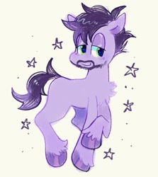 Size: 1171x1314 | Tagged: safe, artist:plushiecore, derpibooru exclusive, oc, oc only, earth pony, pony, beard, blush scribble, blushing, chest fluff, colored hooves, eyeshadow, facial hair, green eyes, hooves, lidded eyes, looking away, makeup, male, purple blush, purple coat, purple eyeshadow, purple hair, purple hooves, purple mane, purple tail, raised hoof, shiny hooves, short mane, short tail, simple background, smiling, solo, stallion, stars, tail, unshorn fetlocks, yellow background