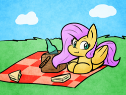 Size: 1386x1055 | Tagged: safe, artist:zutcha, fluttershy, pegasus, pony, g4, :3, basket, cute, female, food, lying down, mare, picnic, picnic basket, picnic blanket, ponyloaf, prone, sandwich, shyabetes, smiling, solo