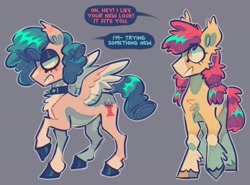Size: 3952x2920 | Tagged: safe, artist:br4in_r0tten, apple bloom, cozy glow, earth pony, pegasus, pony, g4, alternate color palette, alternate design, alternate hairstyle, alternate tailstyle, bangs, beanbrows, black eyeshadow, black hooves, blaze (coat marking), blue text, blush lines, blushing, cheek fluff, chest fluff, choker, coat markings, colored belly, colored hooves, colored muzzle, colored pinnae, colored wings, colored wingtips, concave belly, dialogue, ear fluff, ear tufts, emo, eye clipping through hair, eyebrows, eyebrows visible through hair, eyeshadow, facial markings, female, filly, foal, frown, gray background, hoof polish, hooves, leg fluff, looking at each other, looking at someone, makeup, mealy mouth, missing accessory, pale belly, pale muzzle, pigtails, pink wingtips, red text, shiny hooves, shiny mane, shiny tail, simple background, smiling at someone, socks (coat markings), speech bubble, spiked choker, spread wings, tail, text, tied mane, two toned wings, unshorn fetlocks, wall of tags, white belly, wings, yellow hooves