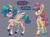 Size: 3952x2920 | Tagged: safe, artist:br4in_r0tten, apple bloom, cozy glow, earth pony, pegasus, pony, g4, alternate color palette, alternate design, alternate hairstyle, alternate tailstyle, bangs, beanbrows, black eyeshadow, black hooves, blaze (coat marking), blue text, blush lines, blushing, cheek fluff, chest fluff, choker, coat markings, colored belly, colored hooves, colored muzzle, colored pinnae, colored wings, colored wingtips, concave belly, dialogue, ear fluff, ear tufts, emo, eye clipping through hair, eyebrows, eyebrows visible through hair, eyeshadow, facial markings, female, filly, foal, frown, gray background, hoof polish, hooves, leg fluff, looking at each other, looking at someone, makeup, mealy mouth (coat marking), missing accessory, pale belly, pale muzzle, pigtails, pink wingtips, red text, shiny hooves, shiny mane, shiny tail, simple background, smiling at someone, socks (coat markings), speech bubble, spiked choker, spread wings, tail, text, tied mane, two toned wings, unshorn fetlocks, wall of tags, white belly, wings, yellow hooves