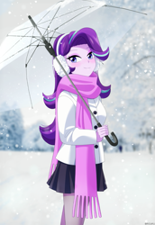 Size: 825x1200 | Tagged: safe, artist:riouku, starlight glimmer, human, equestria girls, g4, 2d, blushing, clothes, coat, cute, earmuffs, eyeshadow, female, glimmerbetes, jacket, leggings, looking at you, makeup, outdoors, scarf, skirt, smiling, smiling at you, snow, snowfall, solo, tree, umbrella, winter, winter outfit