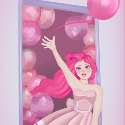 Size: 1464x1464 | Tagged: safe, artist:ishopisho, pinkie pie, human, g4, balloon, clothes, dress, humanized, light skin, looking up, open mouth, reaching, solo