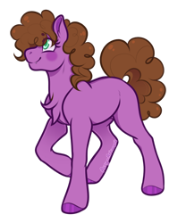 Size: 1280x1536 | Tagged: safe, artist:acry-artwork, oc, oc only, oc:kitty doodles, earth pony, pony, artfight, beanbrows, brown mane, brown tail, chest fluff, colored hooves, colored pinnae, colored pupils, curly mane, curly tail, ear fluff, earth pony oc, eye clipping through hair, eyebrows, eyebrows visible through hair, eyelashes, female, female oc, gift art, green eyes, green pupils, hooves, looking up, mare, mare oc, missing cutie mark, ponysona, profile, purple coat, shiny hooves, shiny mane, shiny tail, signature, simple background, solo, standing on three hooves, tail, transparent background, two toned ears