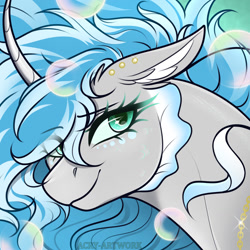 Size: 1280x1280 | Tagged: safe, artist:acry-artwork, oc, oc only, oc:moonbeam, hybrid, pony, seapony (g4), unicorn, artfight, blue mane, bubble, bust, chain necklace, chains, colored horn, crepuscular rays, curved horn, digital art, ear fluff, ear piercing, earring, eye clipping through hair, eyebrows, eyebrows visible through hair, eyelashes, female, female oc, fins, floppy ears, flowing mane, freckles, gift art, green eyes, horn, hybrid oc, jewelry, long eyelashes, long horn, looking at you, looking back, mare, mare oc, necklace, ocean, piercing, ponysona, portrait, raised eyebrow, scales, seaponified, signature, smiling, smiling at you, solo, sparkles, sparkly eyes, species swap, sunlight, swimming, two toned ears, two toned mane, underwater, water, watermark, wingding eyes