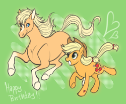 Size: 1540x1266 | Tagged: safe, artist:expectationemesis, applejack, oc, oc:torino, earth pony, horse, pony, g4, alternate cutie mark, birthday gift, duo, female, furry confusion, fursona, galloping, gift art, green background, halftone, handwriting, heart, hoof heart, horse-pony interaction, looking at each other, looking at someone, non-mlp oc, open mouth, open smile, palomino, running, scribble, semi-realistic, simple background, smiling, tail, underhoof, windswept mane, windswept tail