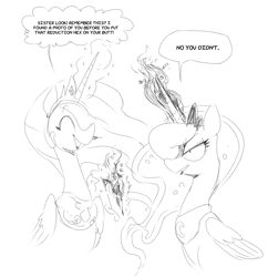 Size: 1800x1863 | Tagged: safe, artist:sunibee, princess celestia, princess luna, alicorn, pony, g4, angry, burning, dialogue, duo, duo female, female, fire, happy, implied butt reduction, magic, mare, paper, simple background, sketch, this explains everything, white background