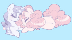 Size: 1800x1000 | Tagged: safe, artist:vivian reed, pinkie pie, rarity, earth pony, pony, unicorn, g4, cuddling, duo, duo female, eyes closed, female, horn, lesbian, light blue background, lying down, mare, on side, prone, ship:raripie, shipping, simple background, smiling