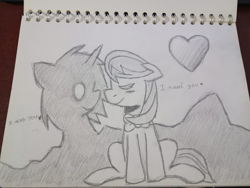 Size: 1600x1204 | Tagged: safe, artist:rosa ushiromiya, dj pon-3, octavia melody, vinyl scratch, demon, earth pony, pony, fanfic:screams and silence, g4, duo, duo female, female, heart, lesbian, mare, ship:scratchtavia, shipping, traditional art