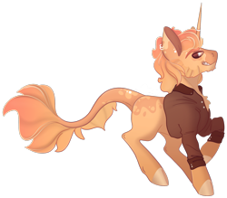 Size: 2073x1817 | Tagged: safe, artist:trashpanda czar, oc, oc only, oc:golden ballad, pony, unicorn, blank flank, blaze (coat marking), brown eyes, brown pupils, brown sclera, button-up shirt, chest fluff, chin fluff, clothes, cloven hooves, coat markings, colored eyebrows, colored hooves, colored muzzle, colored pinnae, colored pupils, colored sclera, colored tail, cream hooves, dress shirt, ear fluff, ear piercing, earring, eyebrow piercing, facial markings, gradient mane, gradient tail, grin, hooves, horn, horn ring, jewelry, leonine tail, lidded eyes, long horn, long tail, looking back, male, male oc, orange coat, orange mane, orange tail, piercing, profile, ring, rolled up sleeves, sharp teeth, shirt, sideburns, signature, simple background, smiling, solo, stallion, stallion oc, tail, tail fluff, tail markings, tail piercing, teeth, three toned ears, transparent background, two toned horn, unicorn oc