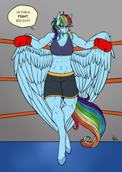 Size: 1654x2338 | Tagged: safe, artist:natt333, rainbow dash, pegasus, anthro, unguligrade anthro, g4, abs, belly, belly button, boxing, boxing gloves, boxing ring, boxing shorts, breasts, cleavage, clothes, dialogue, female, looking at you, midriff, muscles, muscular female, rainbuff dash, shorts, smiling, smiling at you, solo, speech bubble, sports, sports bra, talking to viewer, thighs, thunder thighs